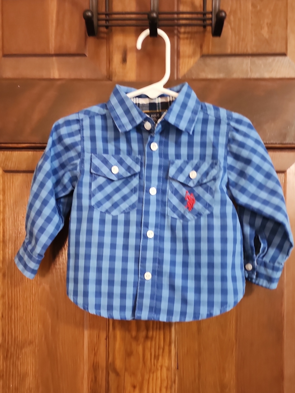 Kids Ralph Lauren Blue Plaid Button-Down Shirt with Red Logo (12 Month)